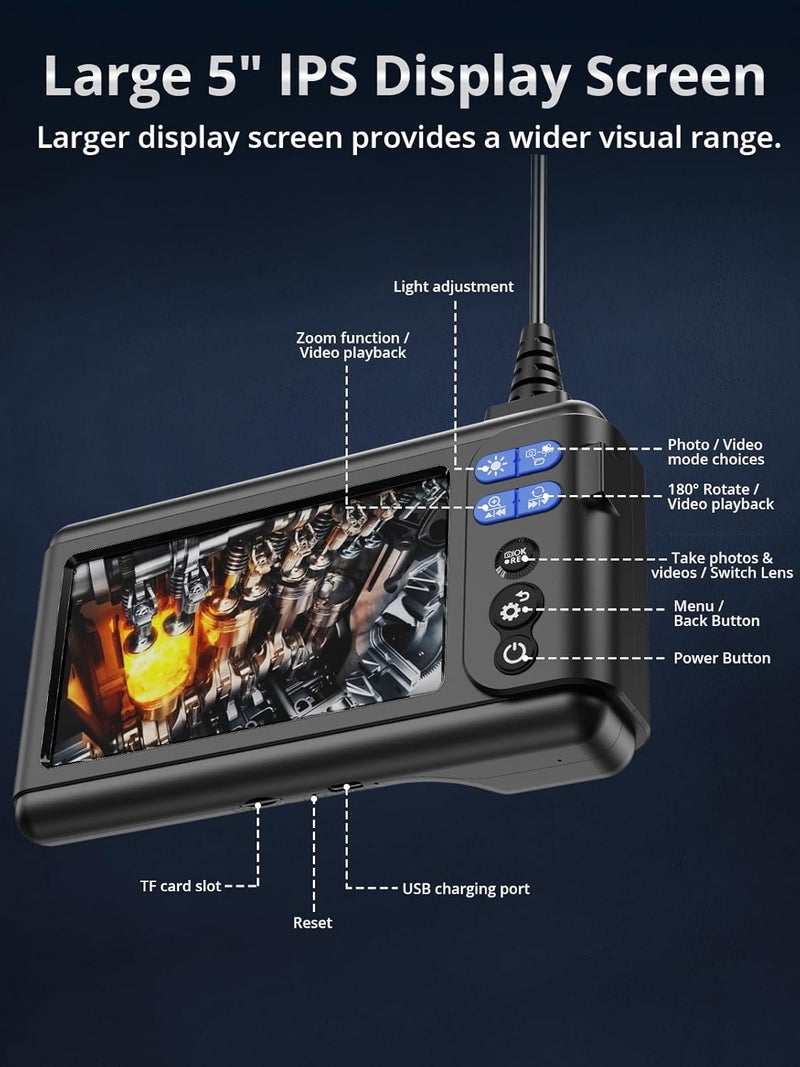 Acoath Store Borescope Endoscope Camera with Light, Dual-Lens 1080P HD Industrial Inspection Camera with 8 LED Lights, 9.8Ft Semi-Rigid Snake Cable, 5" IPS Screen, 32GB Card, IP67 Waterproof Sewer Tools - Image 2